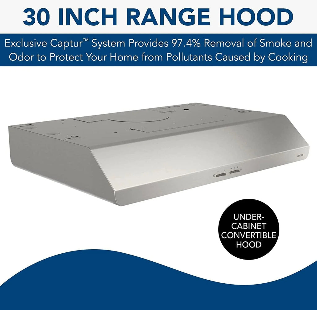 Broan-NuTone BKSH130BL Sahale 30-inch Under-Cabinet Easy Install 4-Way Convertible Range Hood with 2-Speed Exhaust Fan and Light, 300 Max Blower CFM, Black