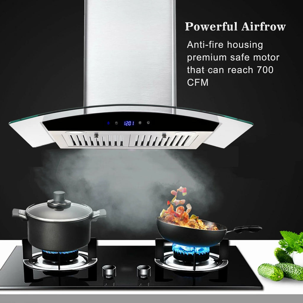 Tieasy 30 inch Wall Mount Range Hood Stainless Steel 700 CFM Black Touch Panel Kitchen Vent Fan