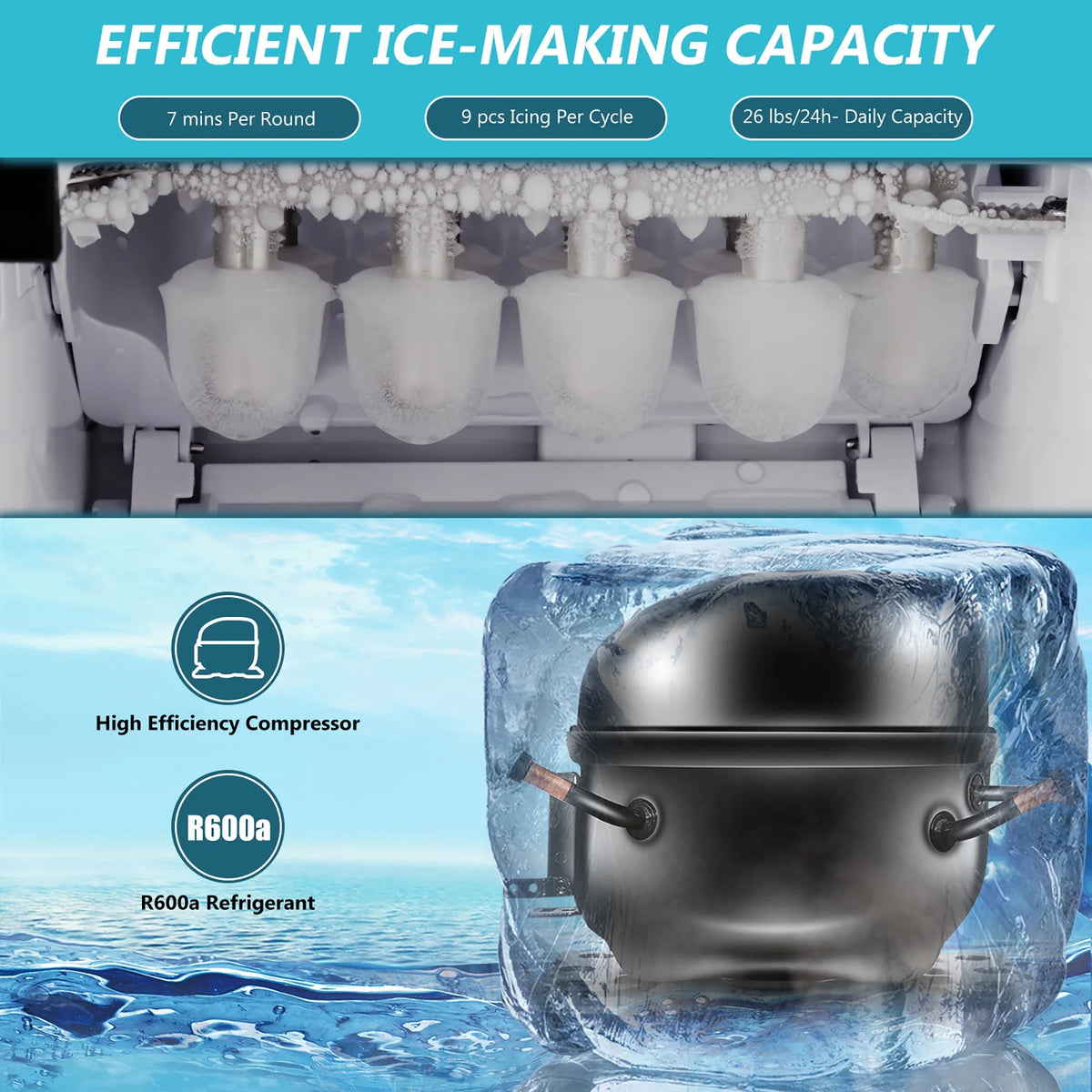 Costway Ice Maker Machine Countertop 26Lbs/24H Portable W/Scoop & Basket Silver