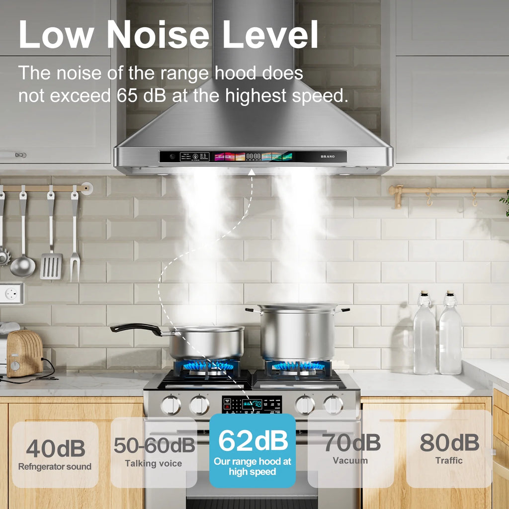 BRANO 30 Inch Wall Mount Range Hood Stainless Steel Hood, 900 CFM, Voice Control, 4-Speed
