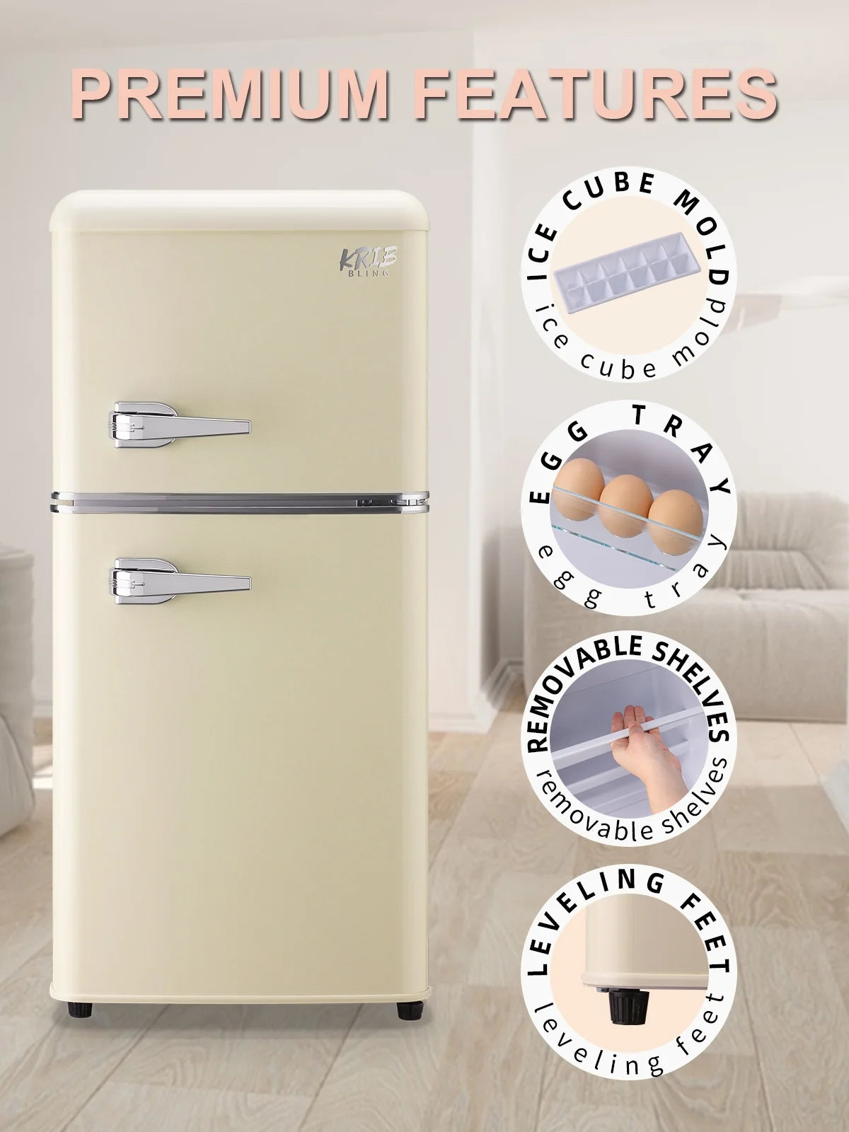 Krib B Compact Refrigerator 3.5 Cu.ft, Mini Fridge with Freezer, Modern Fridge with Dual Door, 7 Grade Temperature Adjustment, Silver