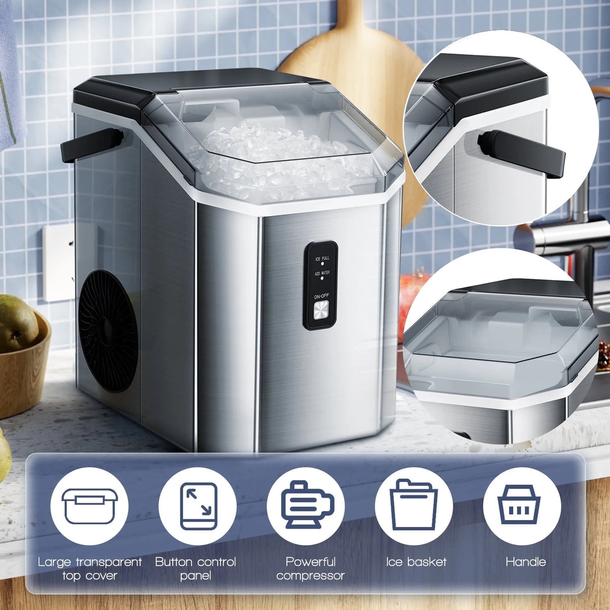 LHRIVER Nugget Countertop Ice Maker with Soft Chewable Ice, 35Lbs/24H, Self-Cleaning, Ice Scoop,Stainless Steel Silver