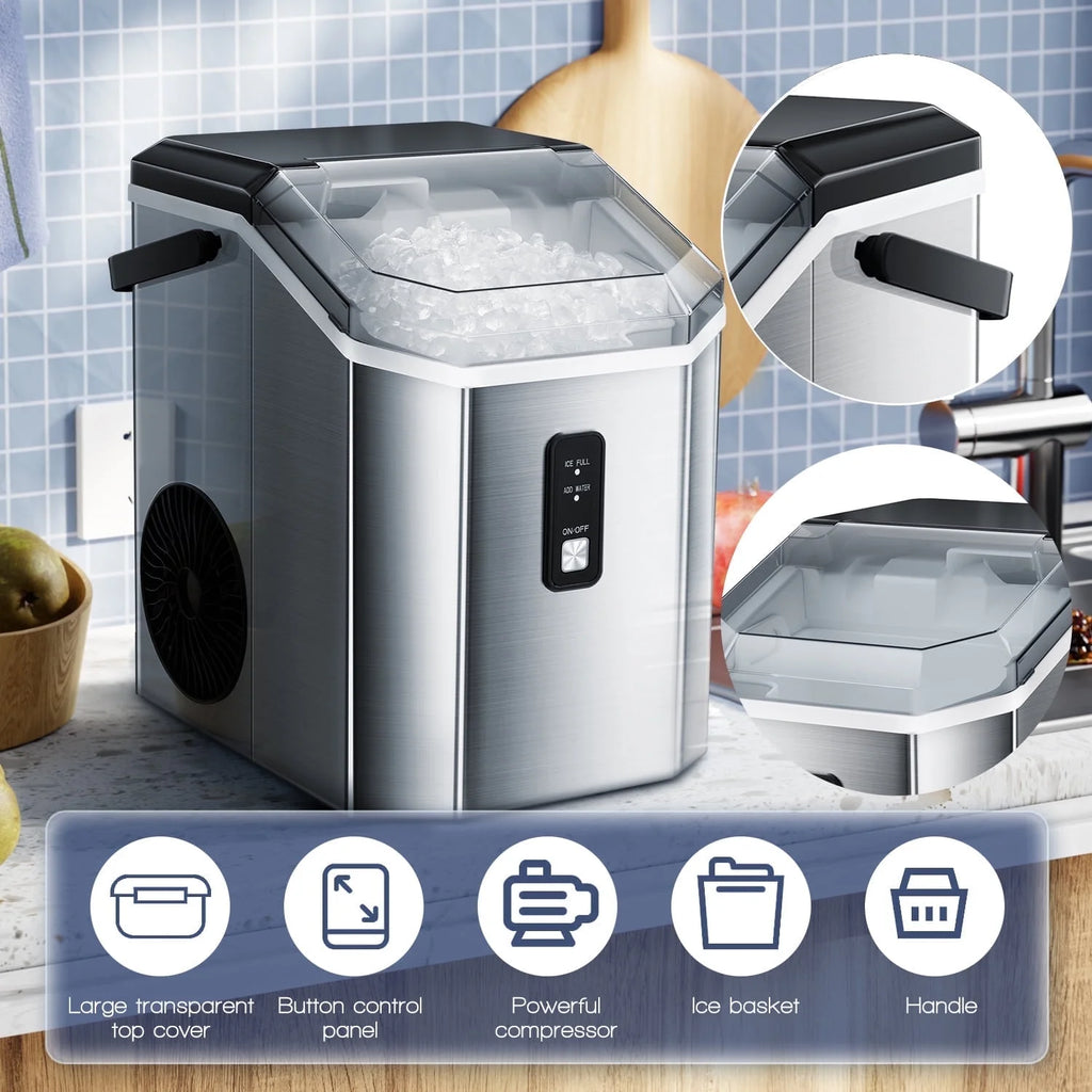 Auseo SS Nugget Countertop Ice Maker with Soft Chewable Ice, 35Lbs/24H, Self-Cleaning, Ice Scoop, Stainless Steel Silver, for Kitchen/Office/Party