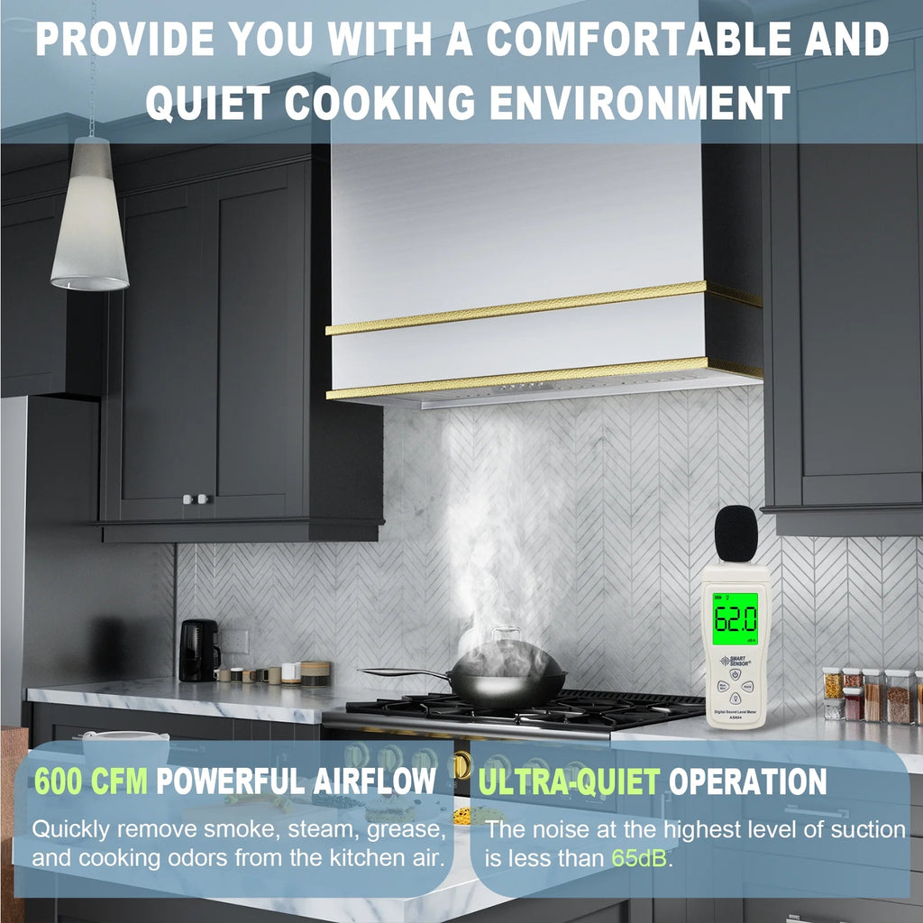 Akicon Range Hood 36 Inch, Ultra Quite Stainless Steel Kitchen Hood, Wall Mount Square Vent Hood with LED Light and Dishwasher-Safe Filters, Hood Vents for Kitchen, 3 Speeds, 600 CFM (AK-HS36HB-SWG)