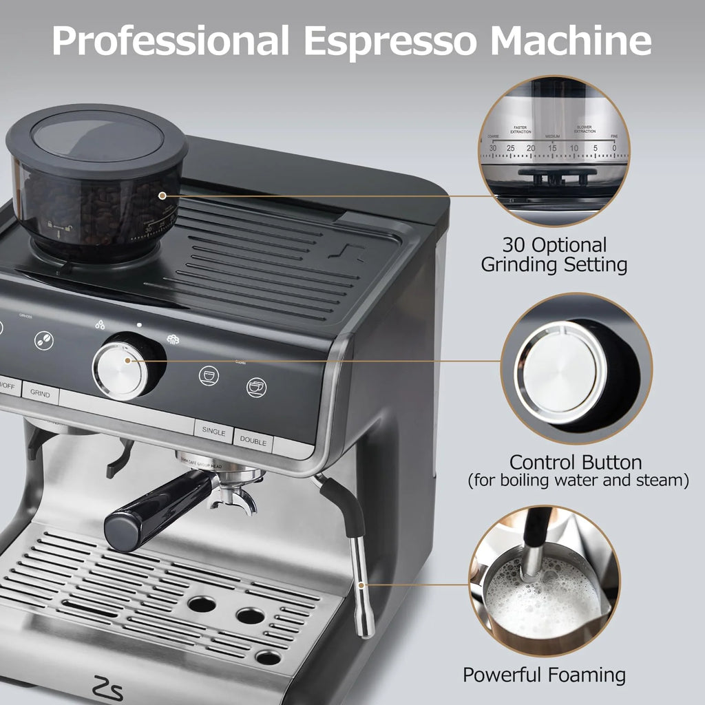 2024 New Espresso Machine with Grinder 20 Bar Pump, 2.8L Removable Water Tank Semi Automatic Coffee Maker with Grinder, Milk frother, Ideal for Small Families and Offices