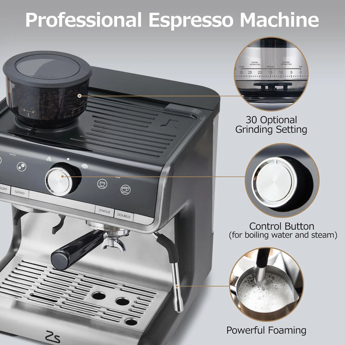 2024 New Espresso Machine with Grinder 20 Bar Pump, 2.8L Removable Water Tank Semi Automatic Coffee Maker with Grinder, Milk frother, Ideal for Small Families and Offices
