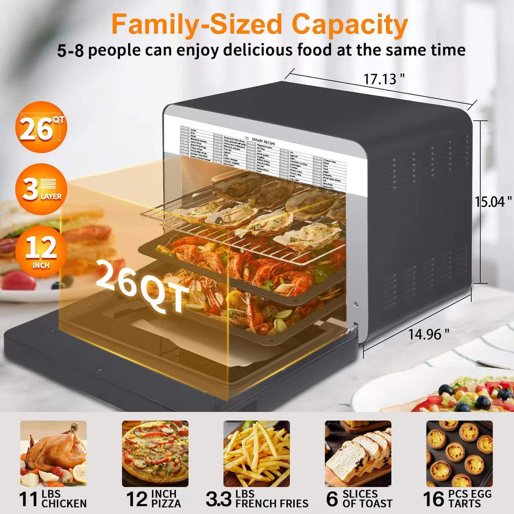 KOFUN Steam Air Fryer Toast Oven Combo, 26 QT Steam Convection Oven Countertop, 50 Cooking Presets, with 6 Slice Toast, 12" Pizza, Black Stainless Steel