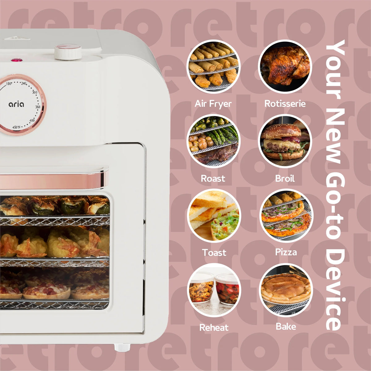 Aria 16QT Retro Compact Multifunctional Air Fryer Toaster Oven with Accessories  - Pearl
