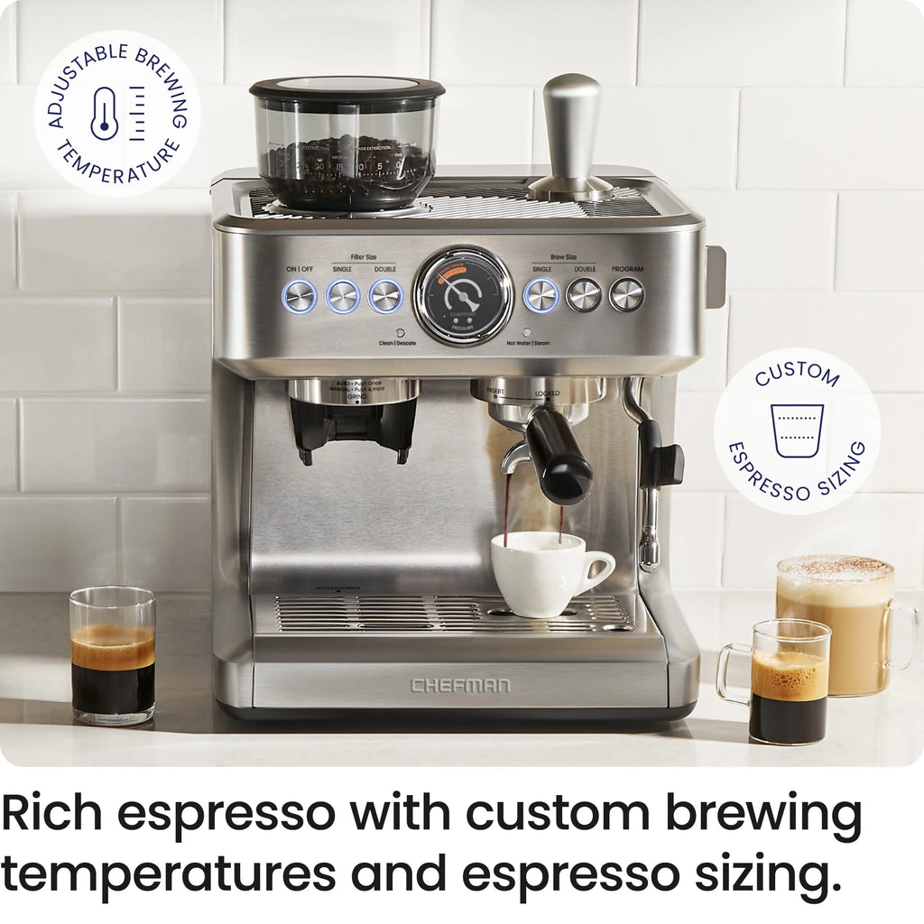 Chefman Crema Supreme Espresso Machine with Conical Burr Grinder and Steam Wand a?? Stainless Steel, New