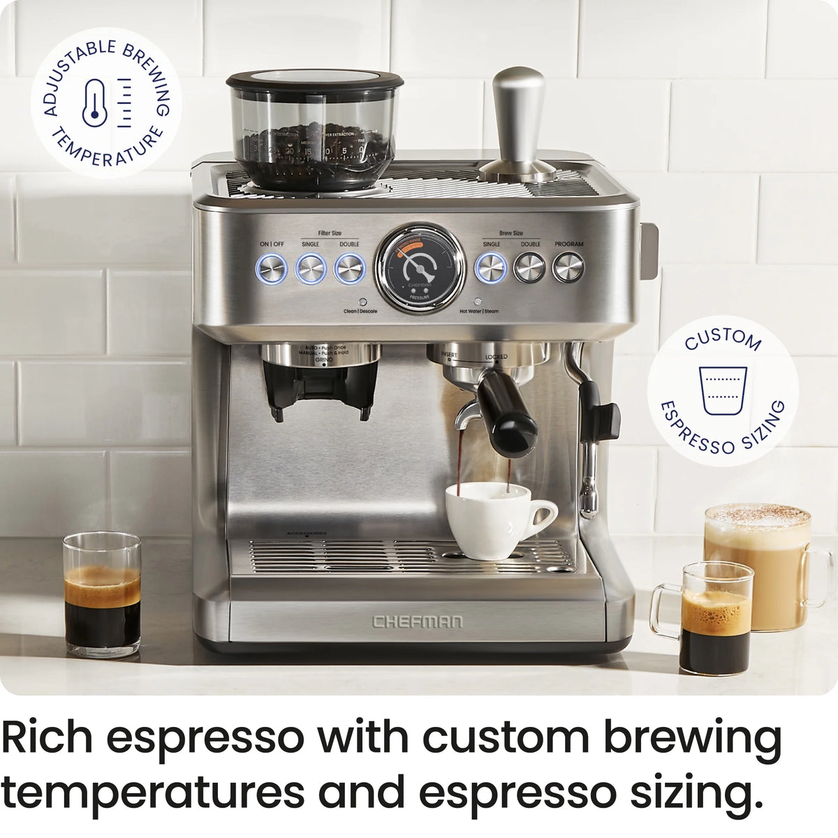 Chefman Crema Supreme Espresso Machine with Conical Burr Grinder and Steam Wand a?? Stainless Steel, New