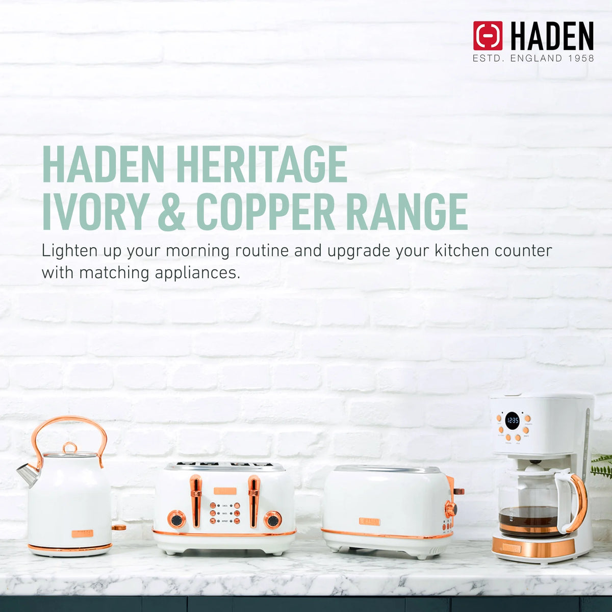 Haden 12 Cup Coffee Maker with 2 Slice Stainless Steel Bread Toaster, White