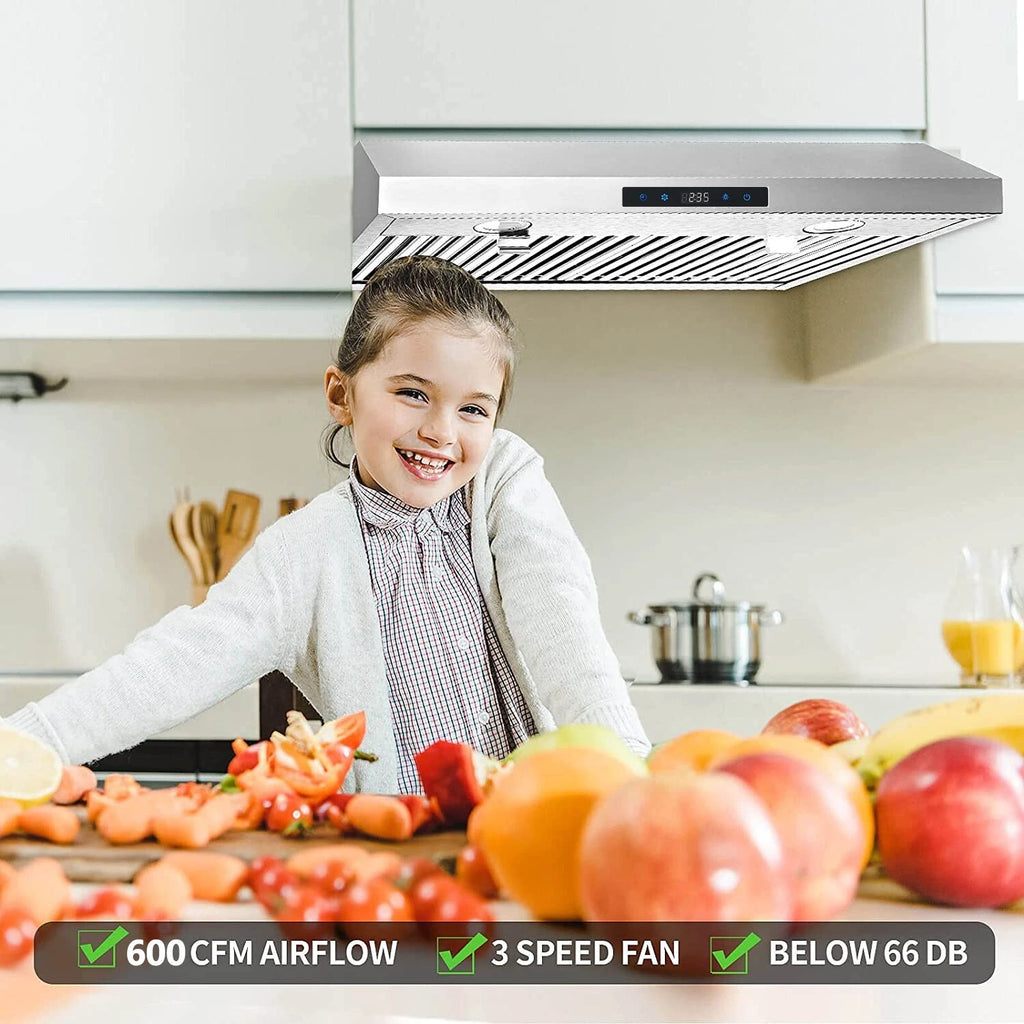 Under Cabinet Range Hood 30 inch Stainless Steel Kitchen Hood 600 CFM Stove Filter Touch Control LED Lights