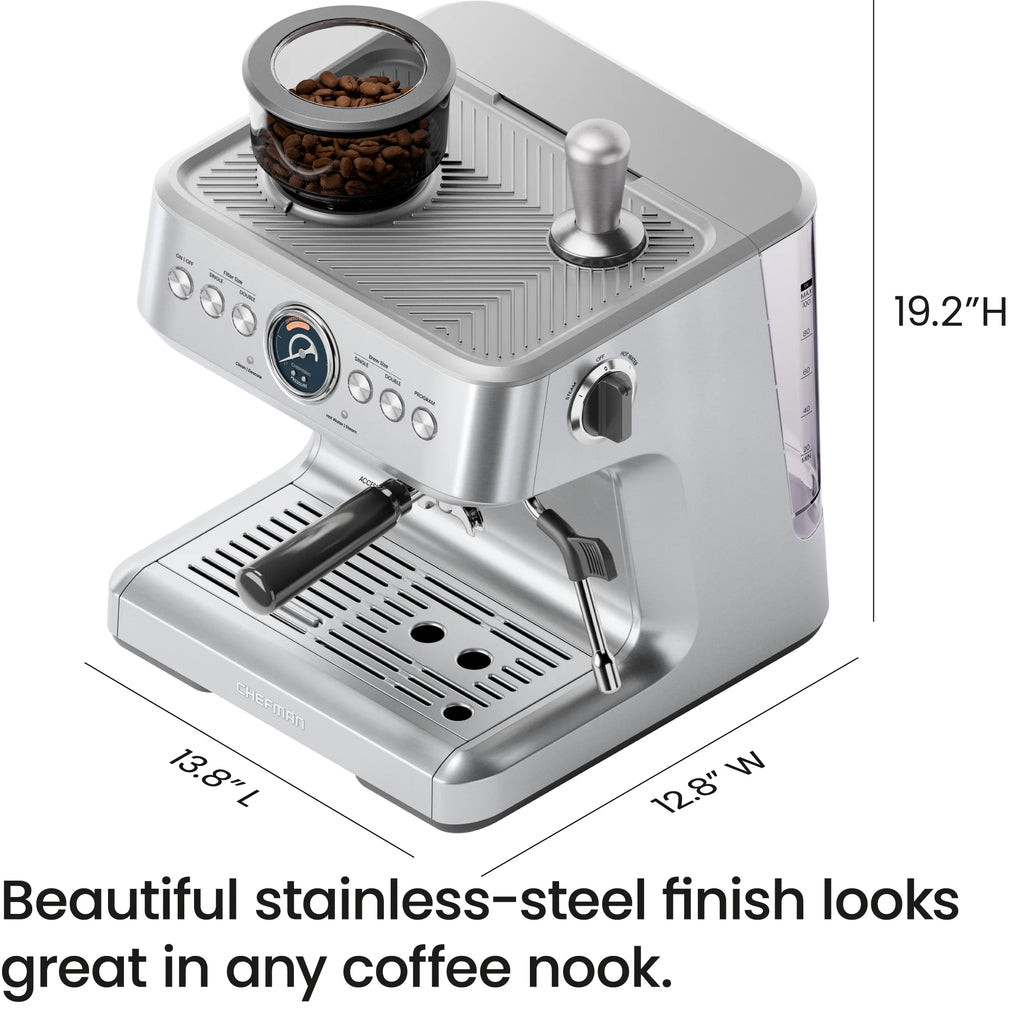 Chefman Crema Supreme Espresso Machine with Conical Burr Grinder and Steam Wand a?? Stainless Steel, New