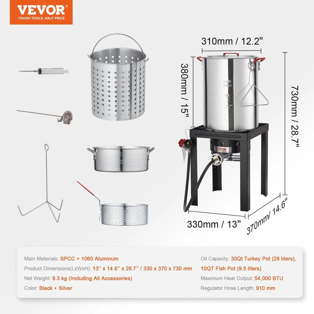 5-Piece Outdoor Turkey and Seafood Cooking Set: High-Power Fryer/Steamer with 54K BTU Burner, Baskets, Rack, and Thermometer