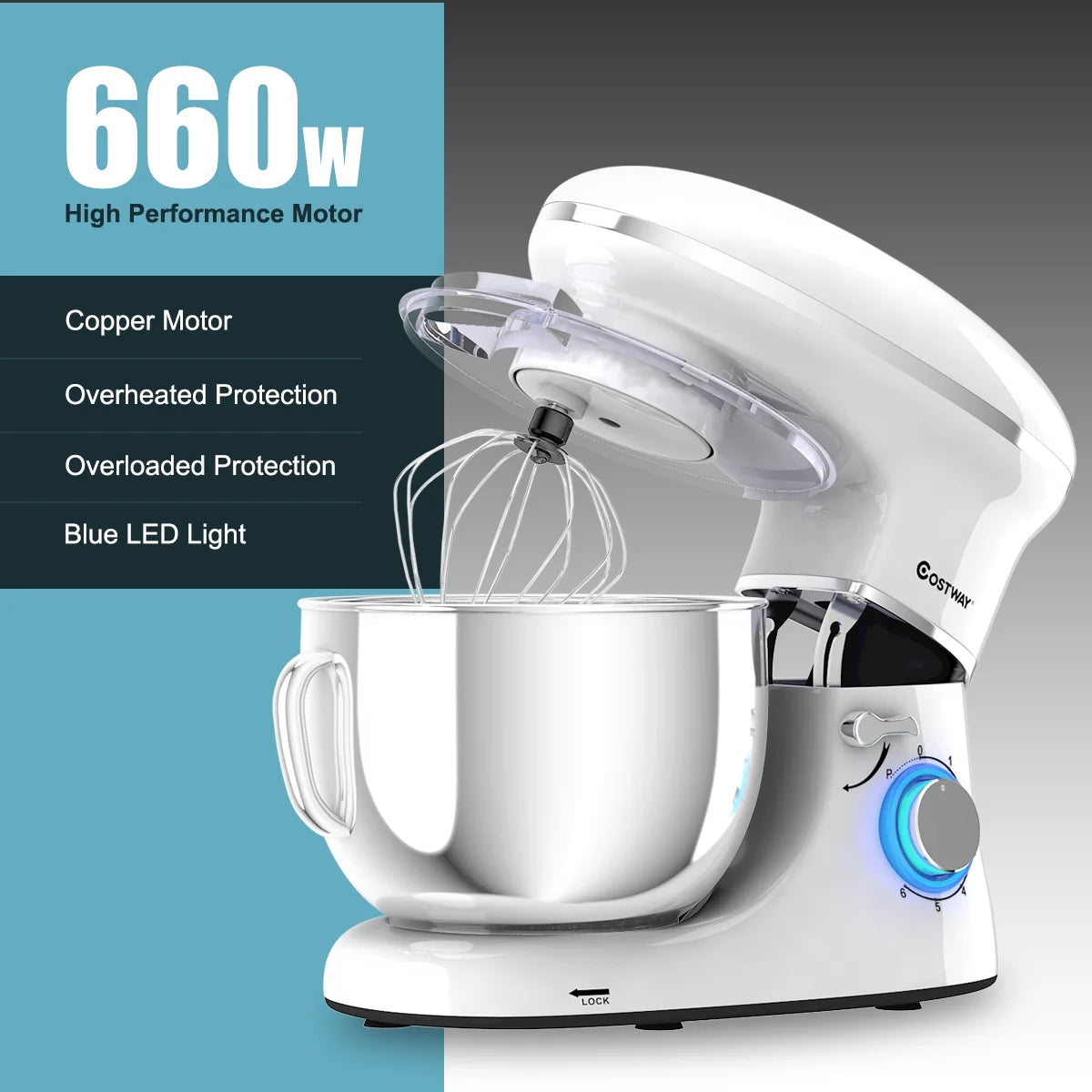 Costway 6.3 QT Tilt-Head Food Stand Mixer 6 Speed 660W wIth Dough Hook, Whisk & Beater Black
