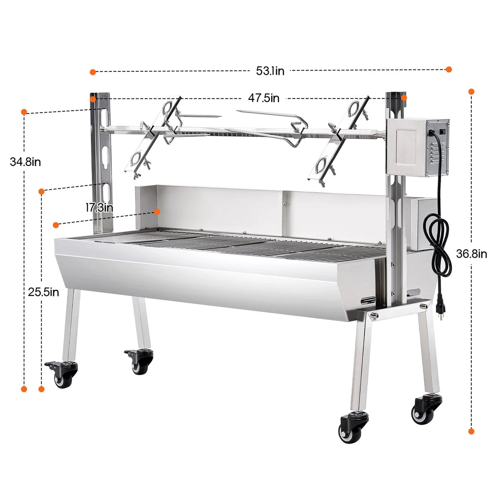LUXOAK Electric BBQ Rotisserie Grill Kit, 46" 132 Lbs Capacity, 45W Motor, Height-Adjustable Stainless Steel Pig Roaster with Triangular Stability Support Stand for Pig Lamb