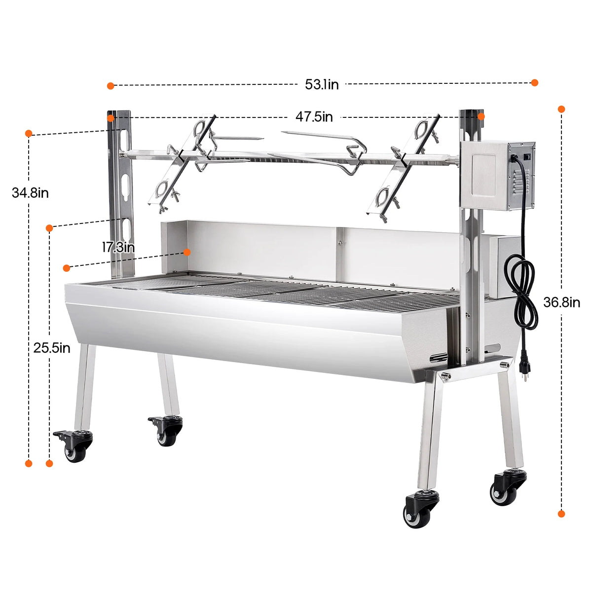 LUXOAK Electric BBQ Rotisserie Grill Kit, 46" 132 Lbs Capacity, 45W Motor, Height-Adjustable Stainless Steel Pig Roaster with Triangular Stability Support Stand for Pig Lamb