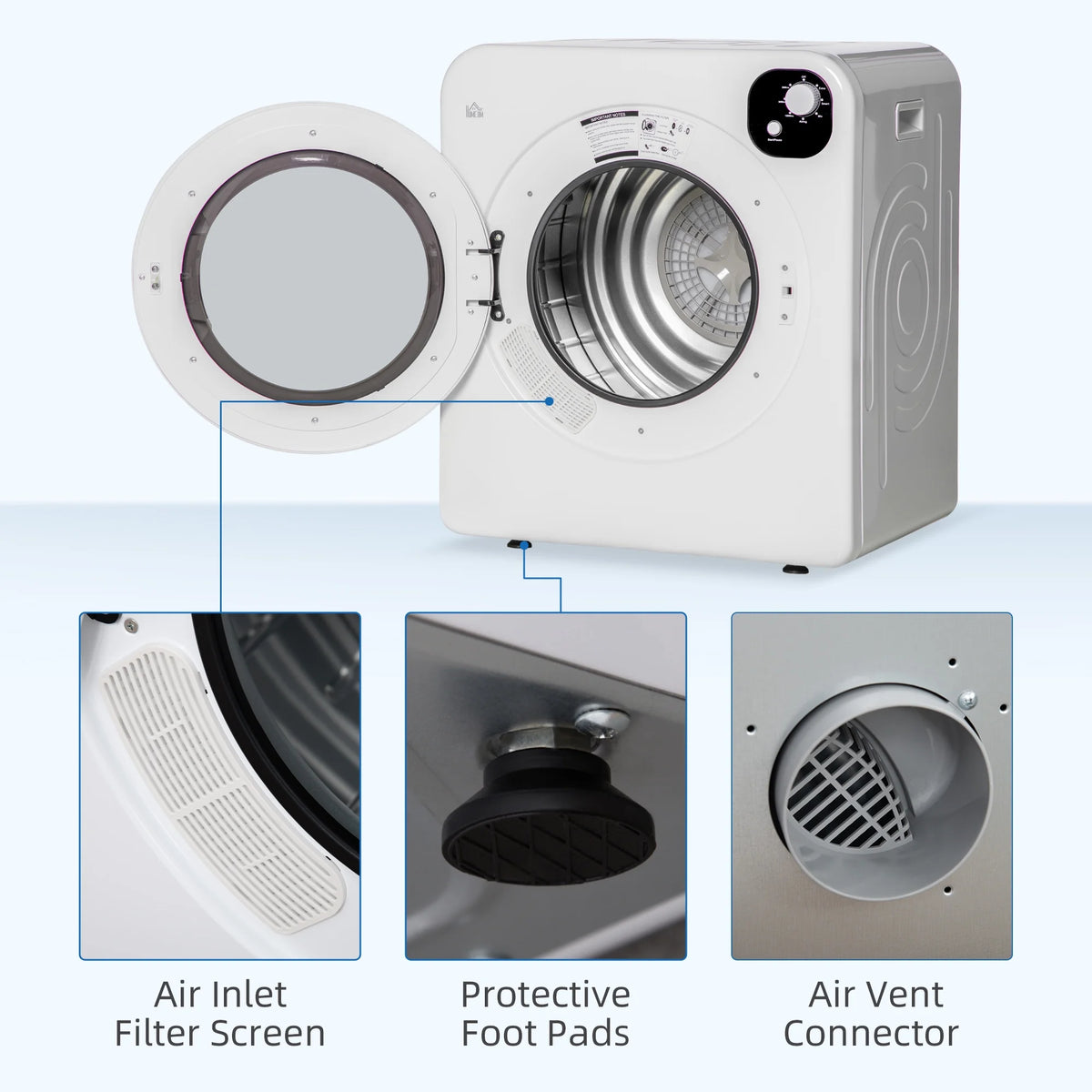 Clothes Dryer HOMCOM Portable Clothes Dryer, 120V 1300W Compact Laundry Dryer with Intelligent Drying, 3.2 cu.ft Stainless Steel Drum, Front Load Electric Dryer for Apartments, Dorms, RVs, White,Elec