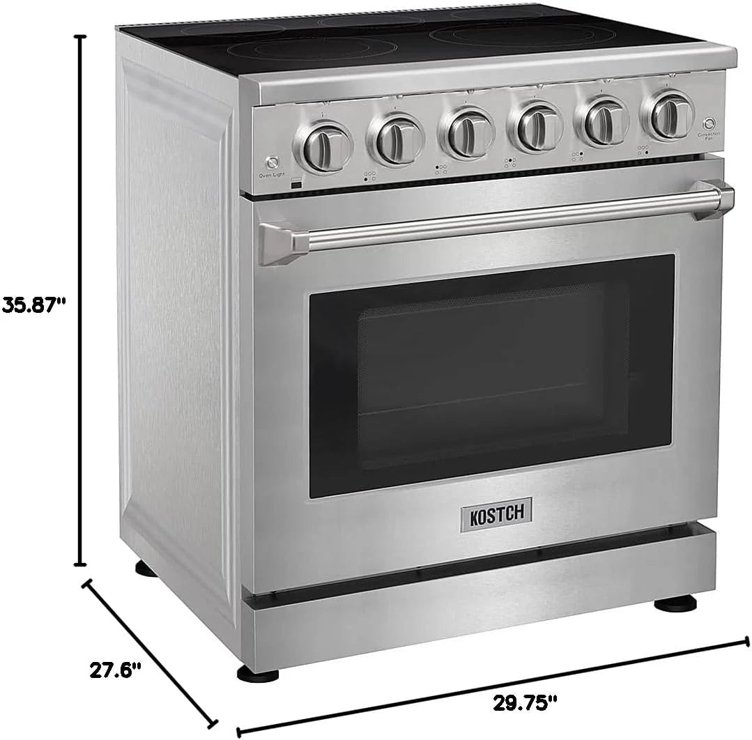 30 inch Professional Electric Range with 5 Heating Elements Cooktop, 4.55 Cu. Ft. Convection Oven Capacity, Smooth Glass Top, in Stainless Steel, KOS-30RE06H (Stainless Steel)