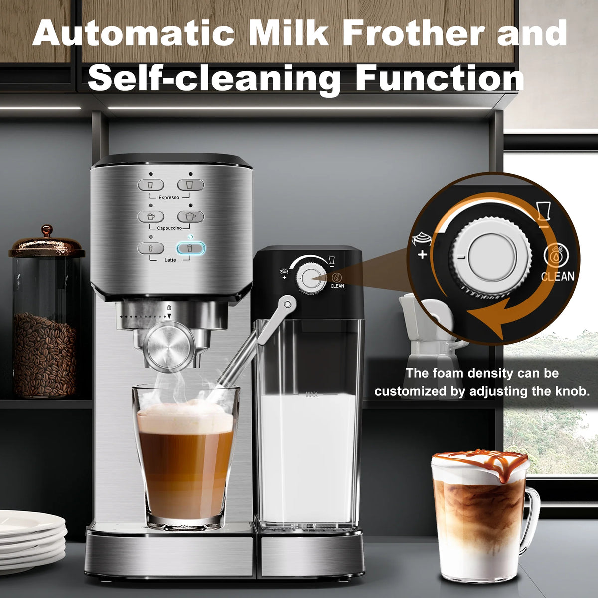 Bluebow 6-in-1 Espresso Machine, 20 BAR Cappuccino & Latte Machine with Built-In Milk Frother, One-Touch Single/Double Shot, 1350W, Stainless Steel