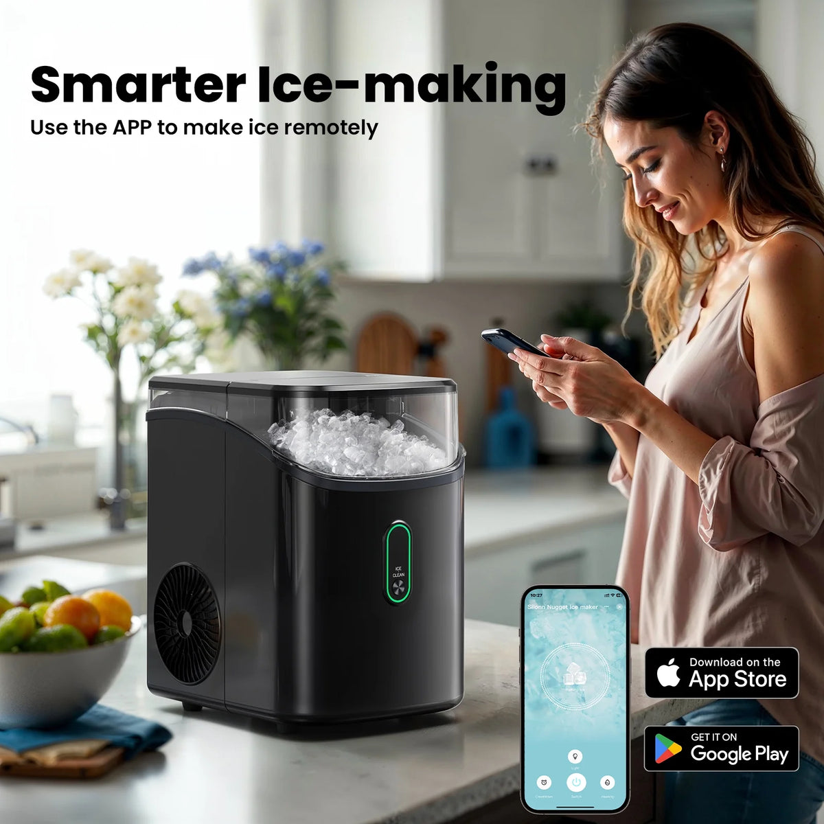 Philergo Nugget Ice Maker Countertop, WiFi Pebble Ice Machine with Timer and Self-Cleaning Function, 35 lbs/24 Hrs for Home, Kitchen, RV, Camping, Black
