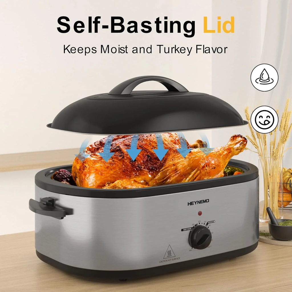 18 Quart Electric Roaster Oven, Turkey Roaster Electric, Roaster Oven Buffet, Selfbasting Lid, Removable Pan, Full-Range Temperature Control Cool-Touch Handles, White Body, Black Lid
