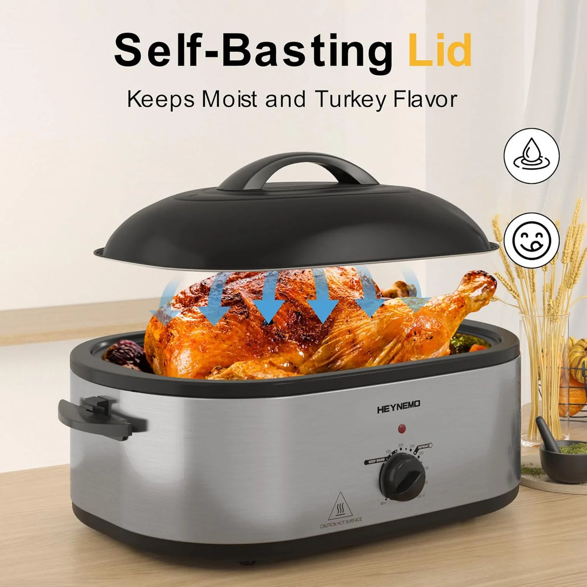 18 Quart Electric Roaster Oven, Turkey Roaster Electric, Roaster Oven Buffet, Selfbasting Lid, Removable Pan, Full-Range Temperature Control Cool-Touch Handles, White Body, Black Lid