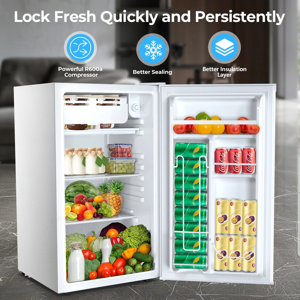 WAA 3.2 Cu.Ft Mini Fridge with Freezer,Single Reversible Door Compact Refrigerator,Adjustable Thermostat,2 Removable Shelves,Small Dorm Fridge for Bedroom,Office,Kitchen,Dorm,Black
