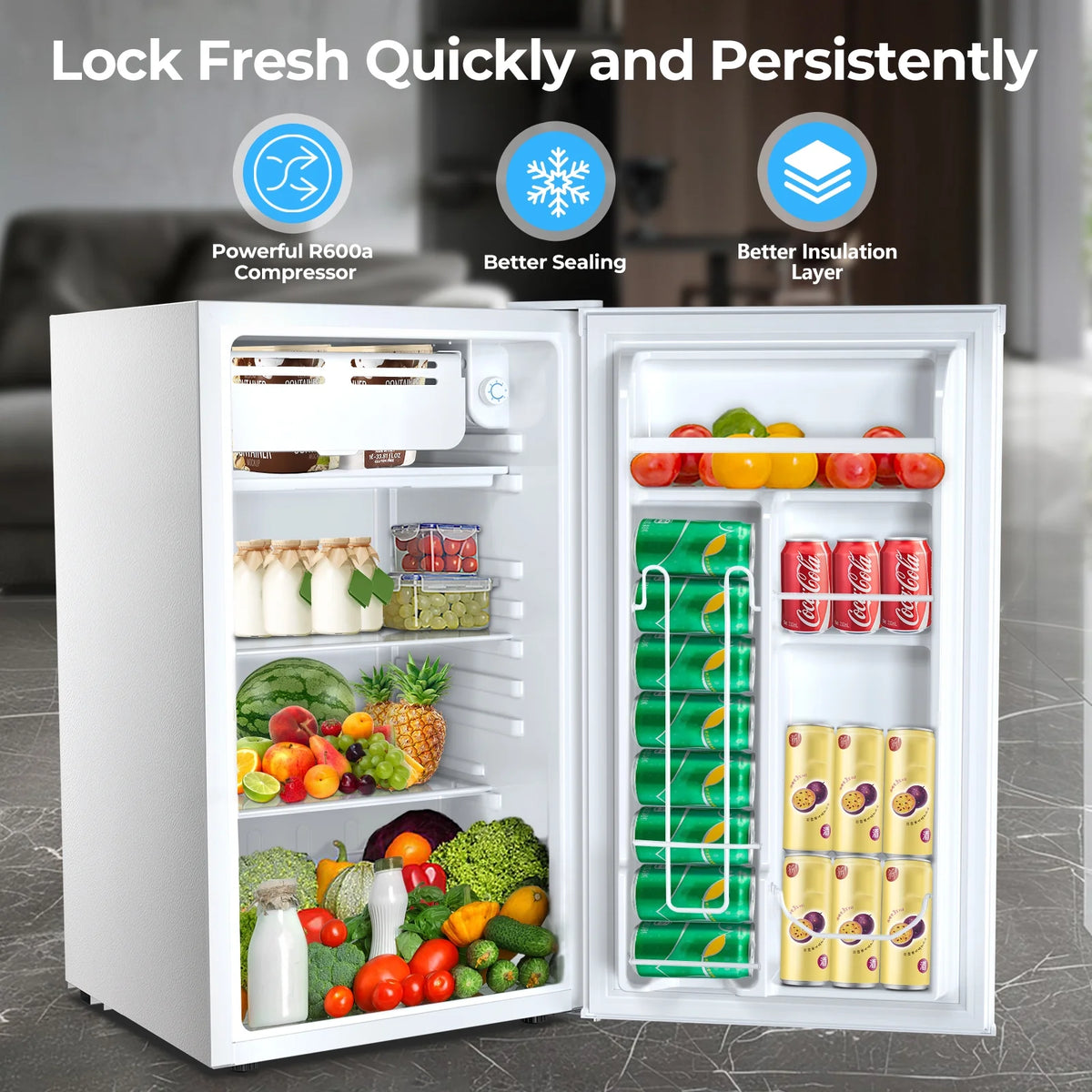 WAA 3.2 Cu.Ft Mini Fridge with Freezer,Single Reversible Door Compact Refrigerator,Adjustable Thermostat,2 Removable Shelves,Small Dorm Fridge for Bedroom,Office,Kitchen,Dorm,Black
