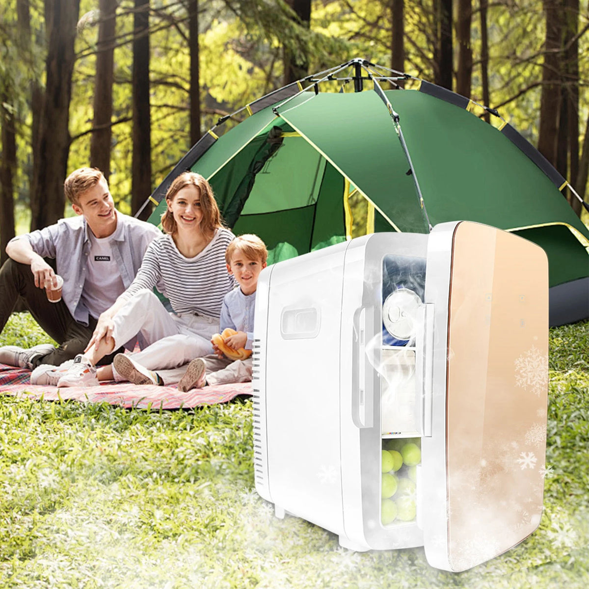 FYHALE Mini Fridge with Freezer, 15 L/21 Can Personal Refrigerator, Portable Cooler &Warmer, Beverage & Skincare, 110V/12V, Gold