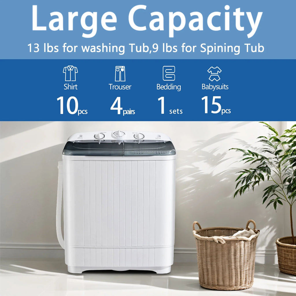 Dimedeal Portable 18lbs Twin Tub Mini Washing Machine, 11lbs Washer & 7lbs Spinner with Drying Rack & Hangers