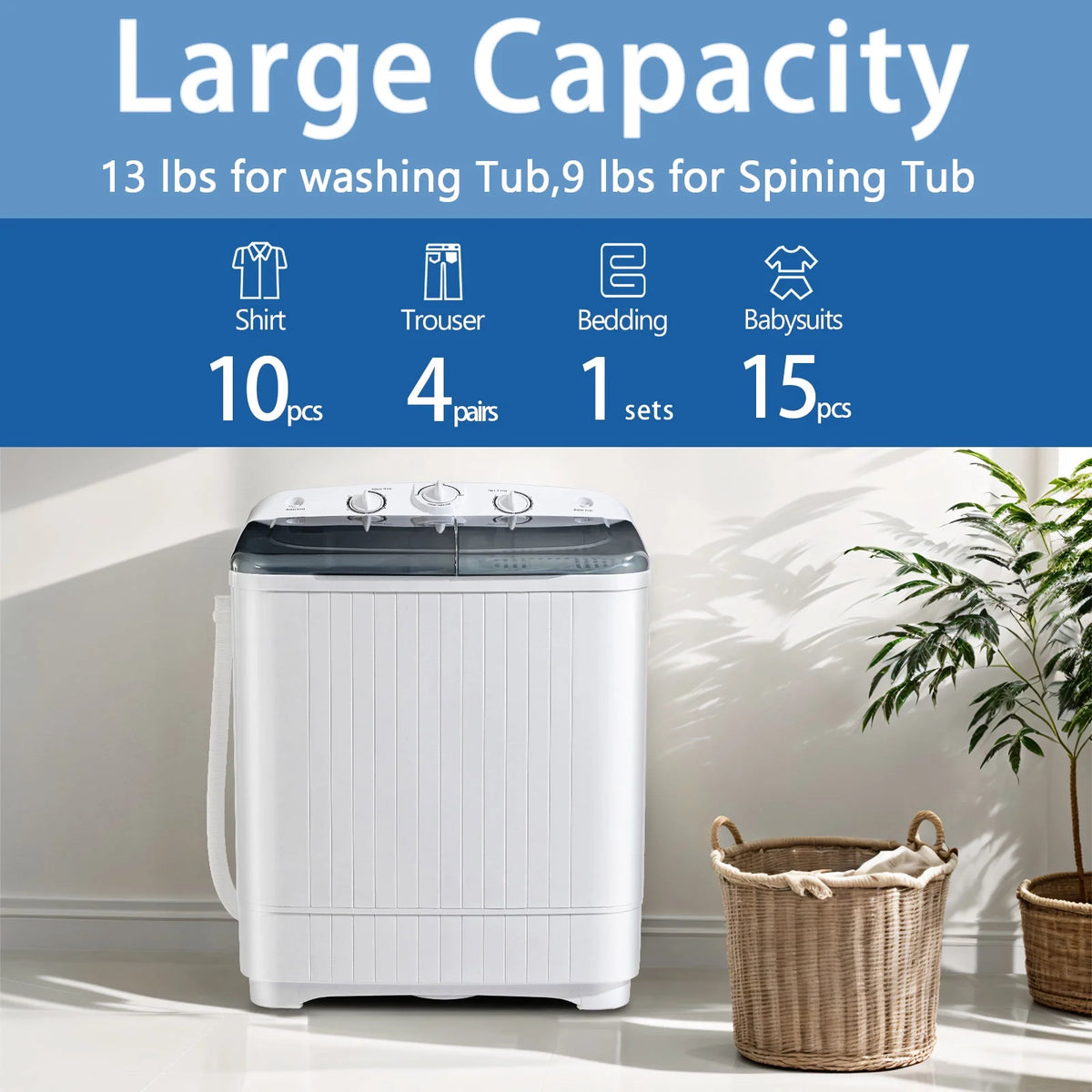 Dimedeal Portable 18lbs Twin Tub Mini Washing Machine, 11lbs Washer & 7lbs Spinner with Drying Rack & Hangers