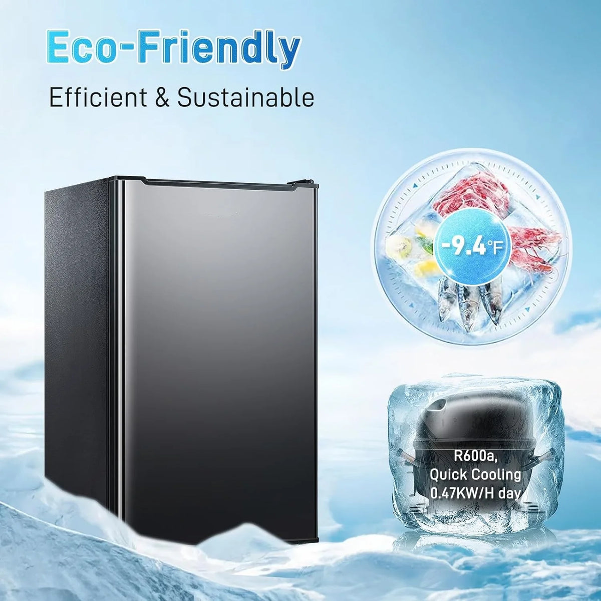 Kcpolre 3.0 Cu.ft Compact Upright Freezer, Mini Freezer with Adjustable Thermostat, Removable Shelves, Reversible Black Door, Ideal for Garage/Dorm/Office/Apartment/Kitchen, Black