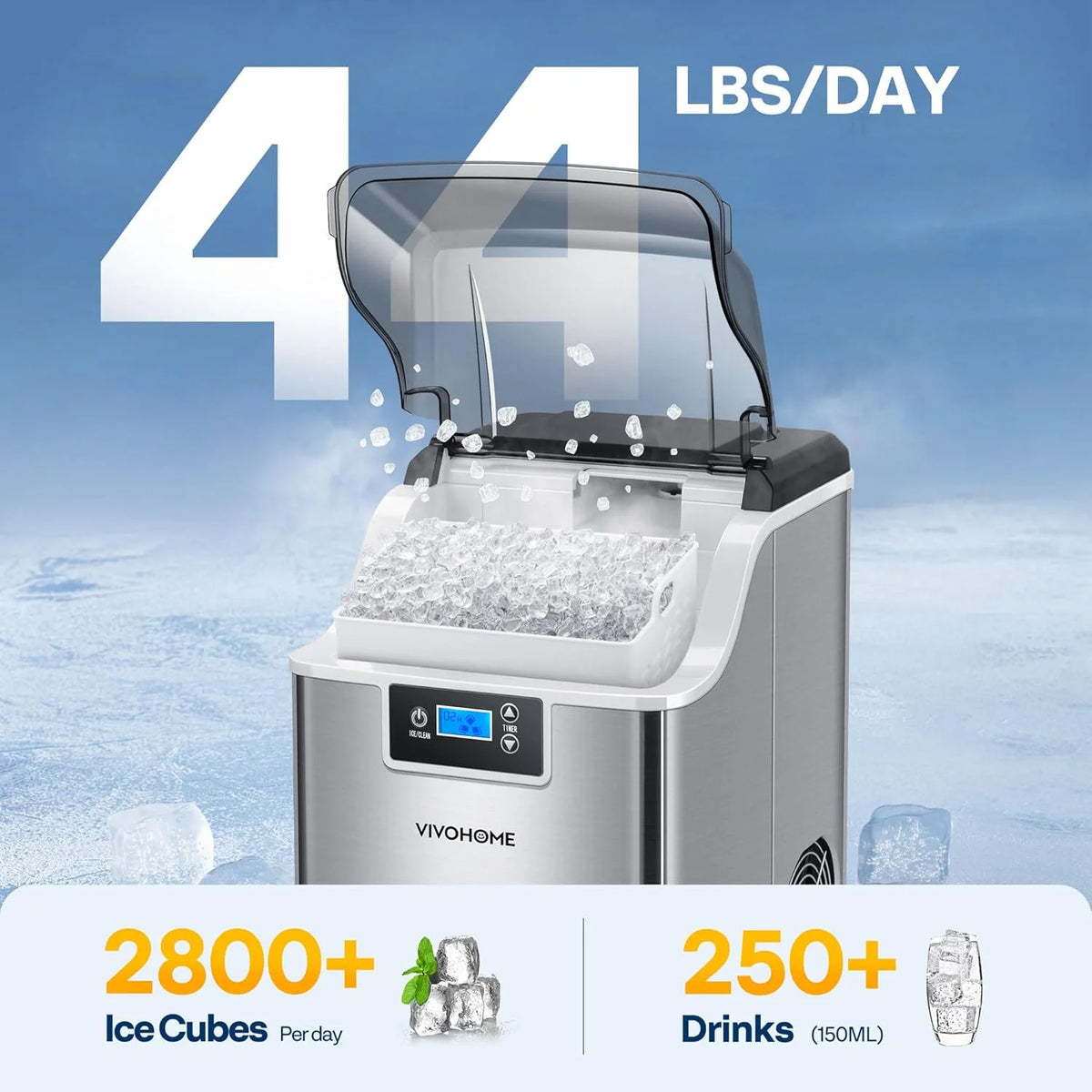 SPECSTAR Nugget Ice Maker Machine, Countertop Ice Maker with Hand Scoop 10 Ice Bags and Self Cleaning Function 44lbs/Day, Silver