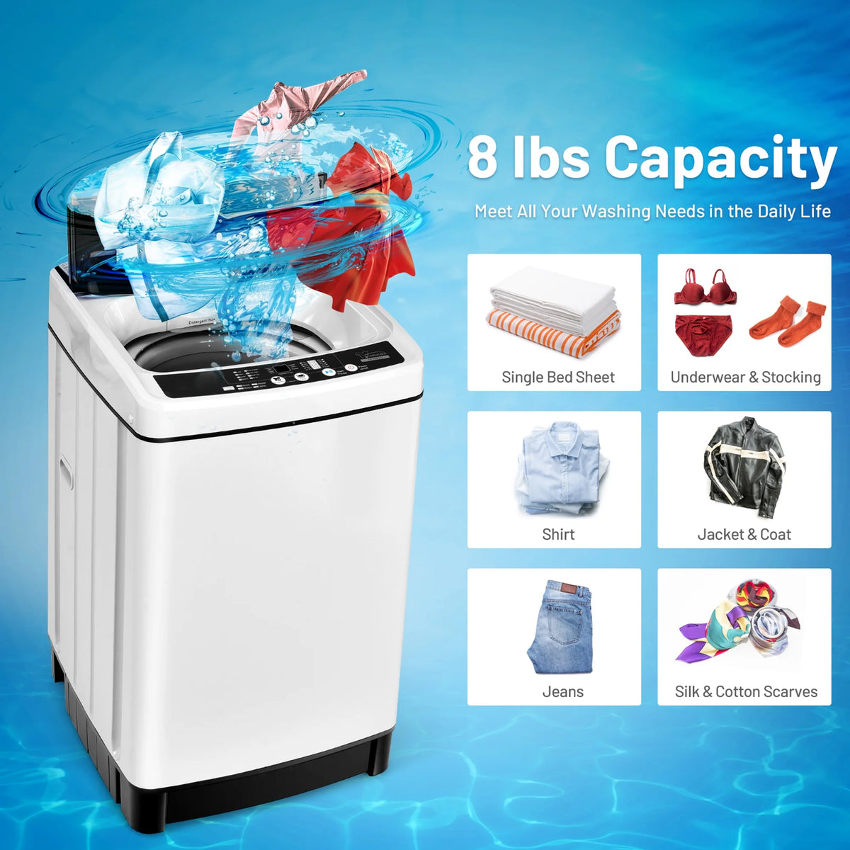 Gymax Capacity 11 lbs. Compact Full-automatic Washing Machine Laundry Washer, White