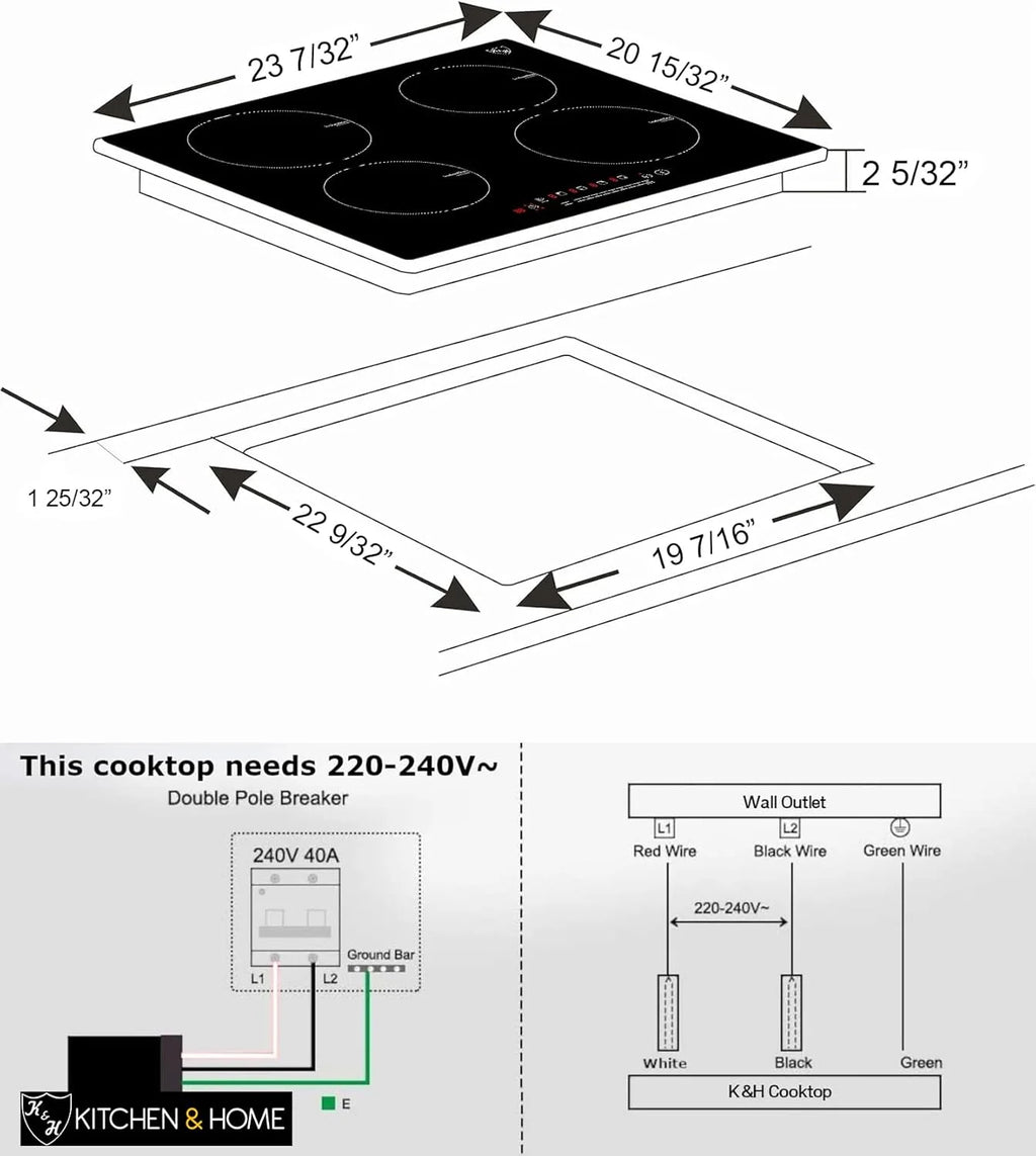 K&H 4 Burner 24 Inch Built-in Induction Electric Stove Top Ceramic Cooktop Touch Control 240V 6000W IN24-6004