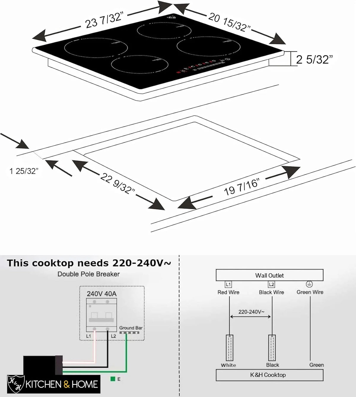K&H 4 Burner 24 Inch Built-in Induction Electric Stove Top Ceramic Cooktop Touch Control 240V 6000W IN24-6004