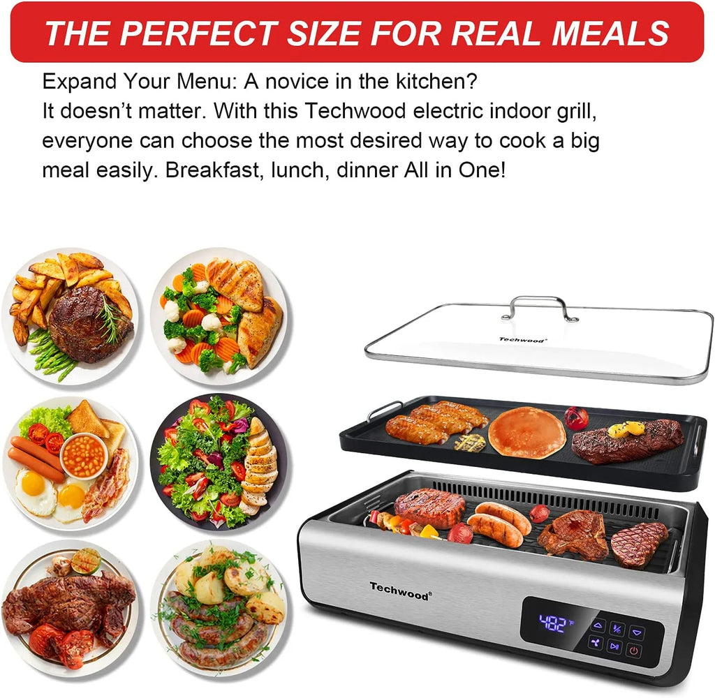 Techwood Indoor Smokeless Grill, 1500W, Black, Electric Portable Korean BBQ Grill with Tempered Glass Lid