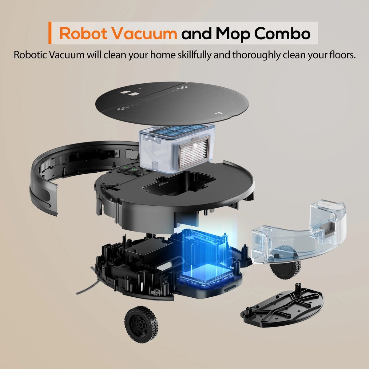 GOOVI Robot Vacuum Cleaner, Robot Vacuum Mop Combo, With Alexa/WiFi/App Connection, for Pet Hair, Hard Floor
