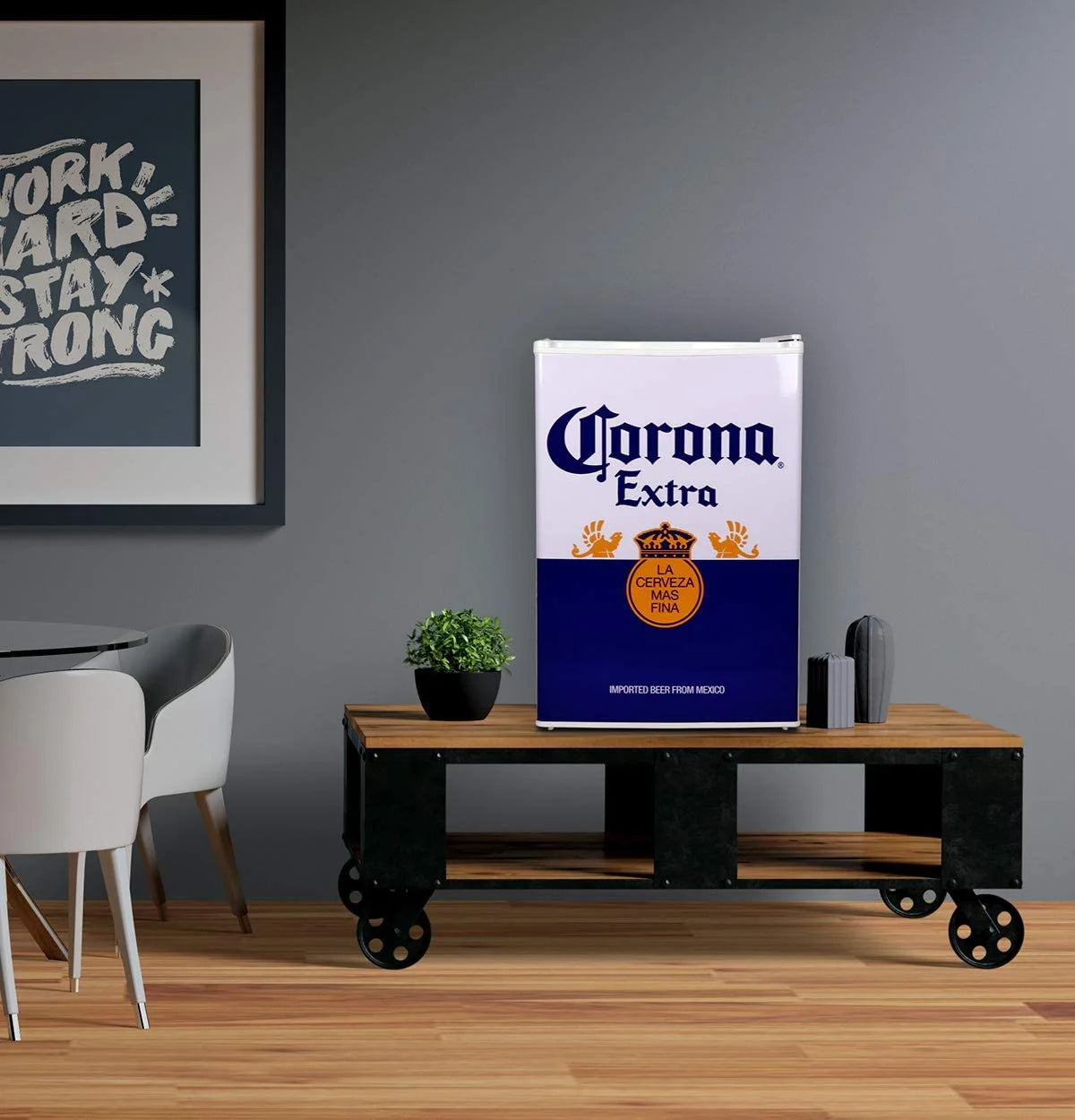 Corona Mini Beer Fridge with Freezer, 2.4 Cu. Ft, 70L Capacity White & Blue Compact Beverage Cooler