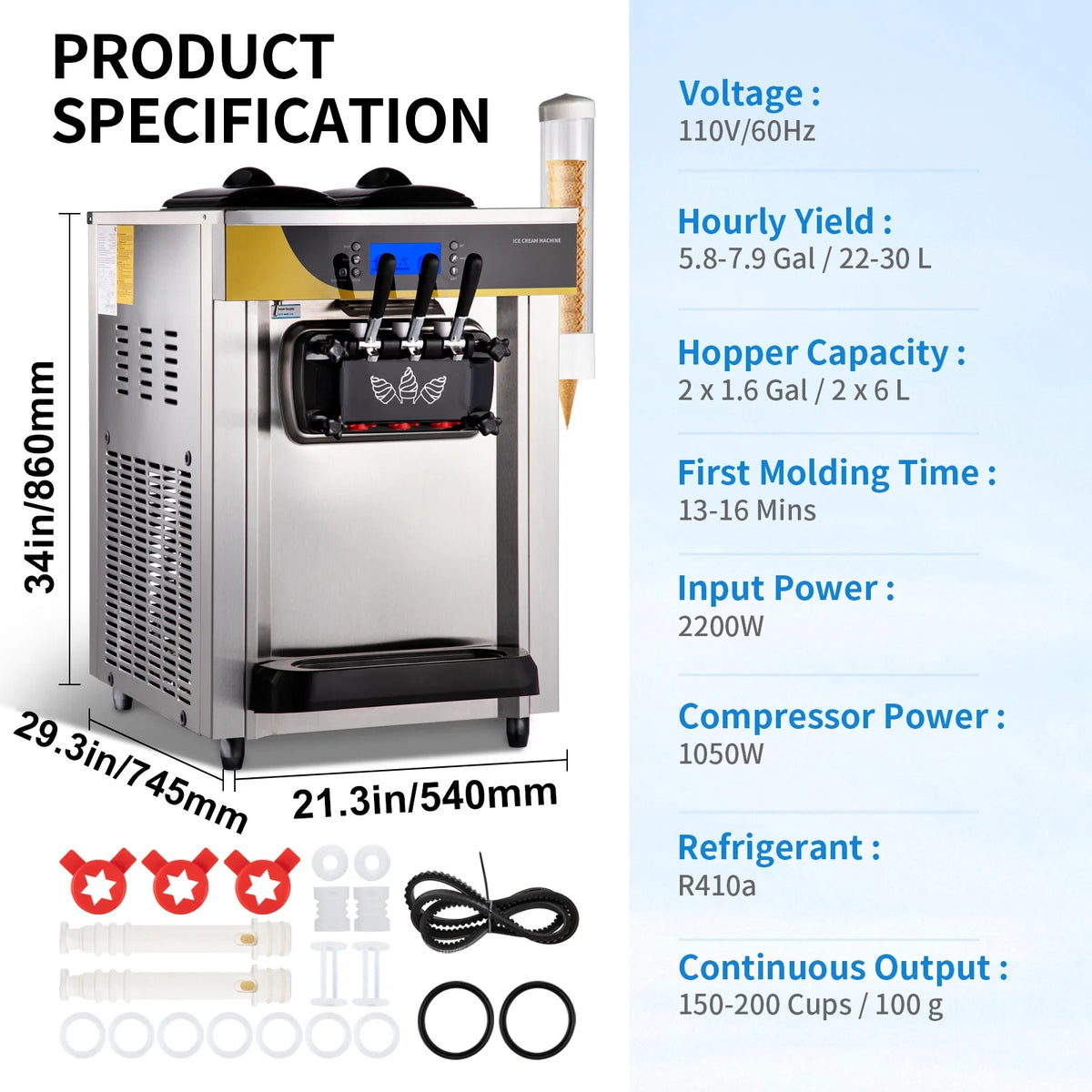 BENTISM Commercial Ice Cream Maker, 22-30L/H Yield, 2200W Countertop Soft Serve Machine w/ 2x6L Hopper 2L