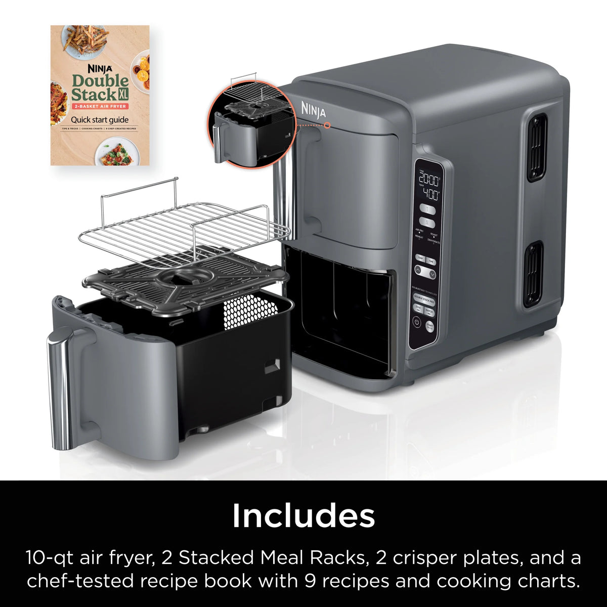 Ninja DoubleStack XL 2-Basket Air Fryer, DoubleStack Technology Cooks 4 Foods at Once, Space Saving Design, 10 QT, 4-in-1, Smart Finish & Match Cook, SL400