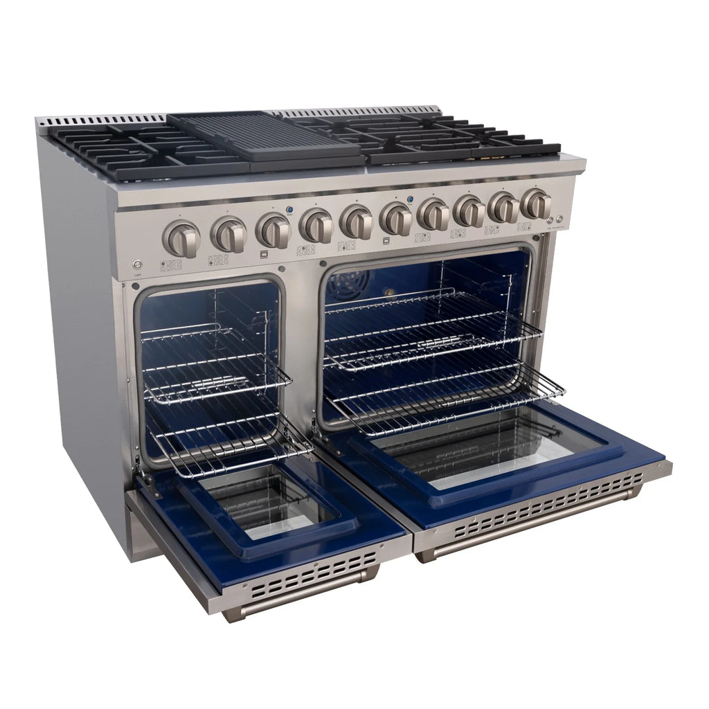 Akicon 48" Slide-in Freestanding Professional Style Gas Range with 6.7 Cu. Ft. Oven, 8 Burners, Convection Fan, Cast Iron Grates, & Blue Porcelain Oven Interior, In Stainless Steel