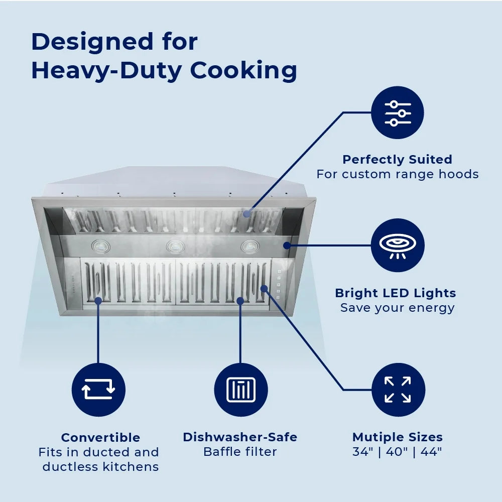 Hauslane | Pro-Style 40�� IN-R300 Built-In Range Hood, 21�� Deep | Low Noise Performance | Contemporary Design, Full-Size Handles, Professional-Grade Baffle Filters & Grease Tray, LED