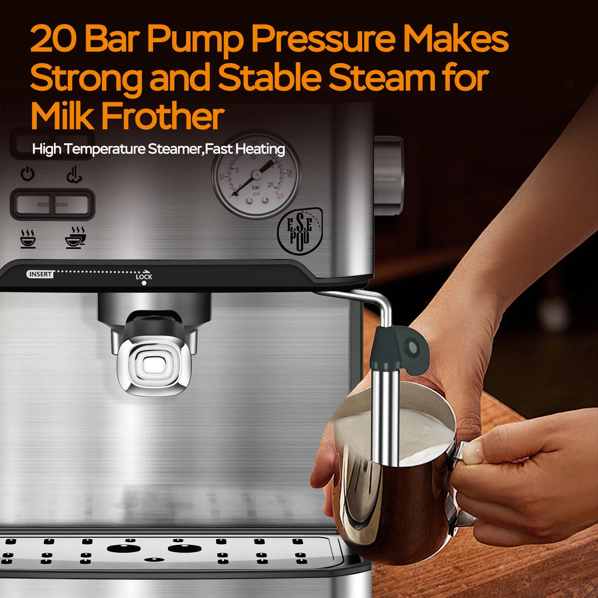 Plum Chef Espresso Coffee Machine, 20 Bar Cappuccino Latte Maker Coffee Machine with ESE POD Capsules Filter&Milk Frother, 1.6L Water Tank, for Home Barista, Stainless steel, 850W