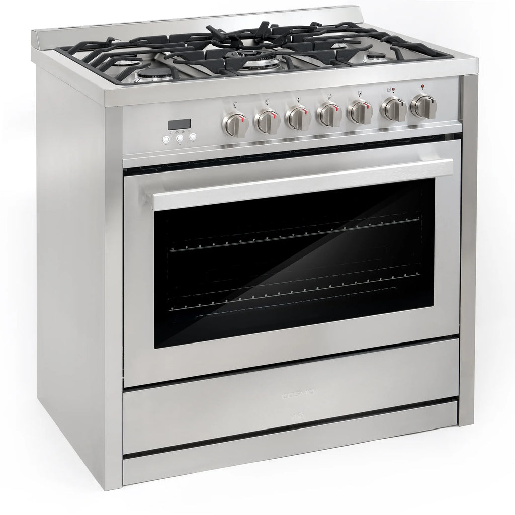 Cosmo 4 Piece Kitchen Appliance Package with 36" Freestanding Dual Fuel Range 36" Island Range Hood 24" Built-in Integrated Dishwasher & French Door Refrigerator Kitchen Appliance Bundles