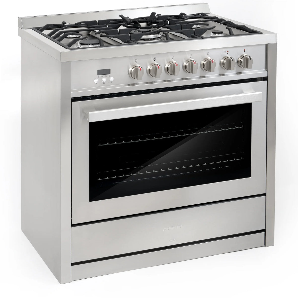 Cosmo 4 Piece Kitchen Appliance Package with 36" Freestanding Dual Fuel Range 36" Island Range Hood 24" Built-in Integrated Dishwasher & French Door Refrigerator Kitchen Appliance Bundles