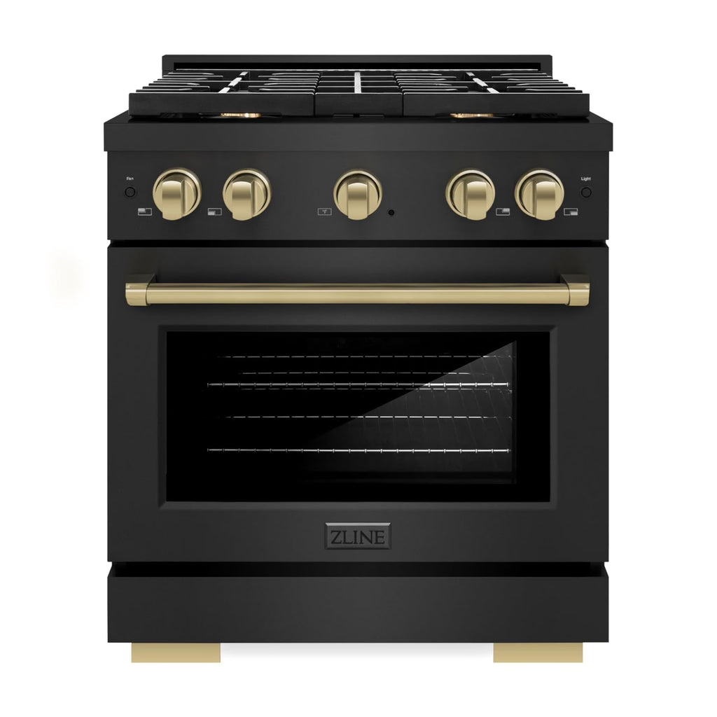 ZLINE Autograph Edition 30 in. 4.2 cu. ft. Paramount Gas Range with 4 Burner Cooktop and Convection Gas Oven in Black Stainless Steel and Champagne Bronze Accents (SGRBZ-30-CB)