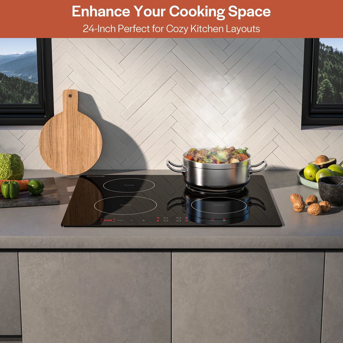 Empava 24" Electric Stove Induction Cooktop with 4 Power Boost Burners Smooth Surface Vitro Ceramic Glass in Black