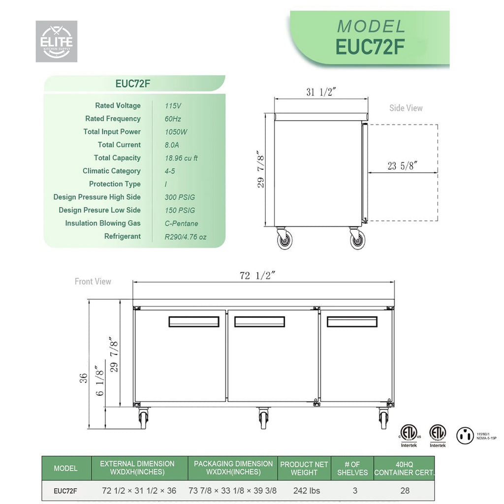 72 in. Commercial Undercounter Freezer 19 Cu.Ft. Stainless Steel Three-Door Commercial Freezer Heavy Duty